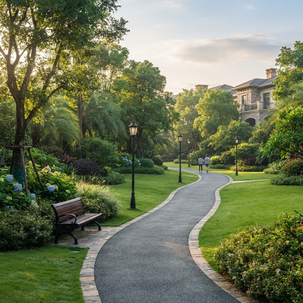 Landscaped jogging track and greenery within the township