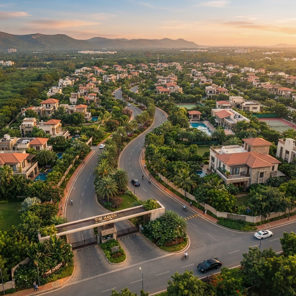 Aerial view of the JBBR Kanvas Phase 1 gated township at golden hour